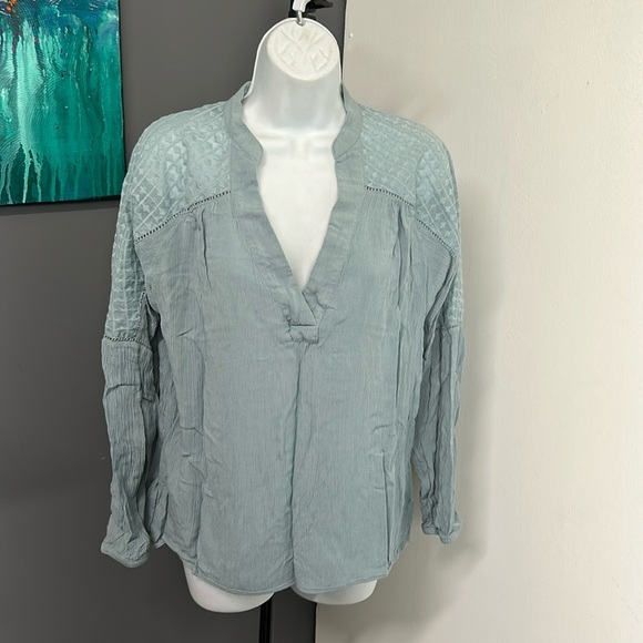 Women’s Blouse Size‎ 12 Green Crinkle Sheer Panel Pullover Coquette Romantic - Picture 5 of 14